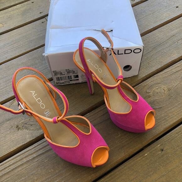 ALDO Detamble Hot Pink & Orange Trim T-Strap Wrapped Platform Peep Toe Heel - Picture 2 of 4